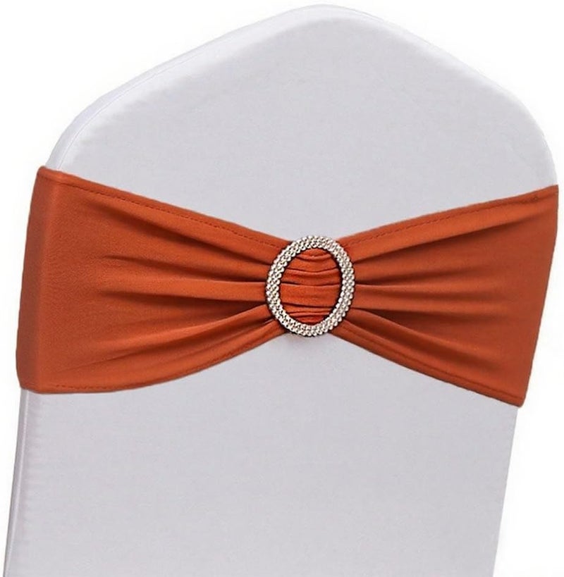 JFDYDM Terracotta Chair Sashes 50 Pack, Spandex Burnt Orange Chair Bands for Halloween Party Wedding Folding Chairs Decor, Elastic Chair Bows Ties with Buckle - Image 1